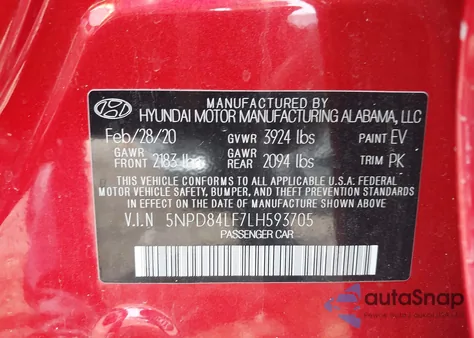 2020 Hyundai Elantra Sel z USA, uszkodzony, nr VIN 5NPD84LF7LH593705